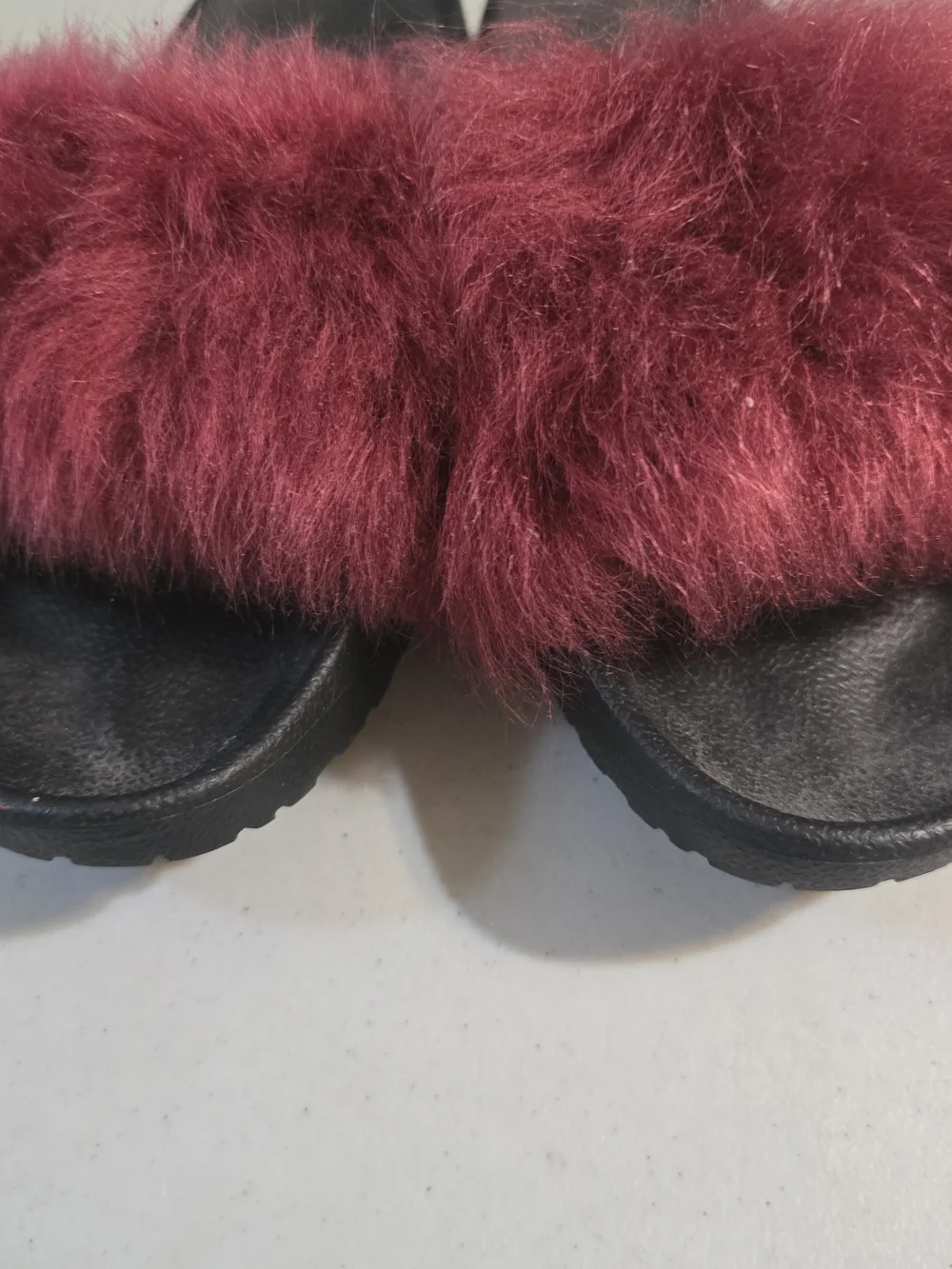 UGG Women's Black Slide Sandals with Burgundy Faux Fur Strap